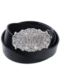 Startexceedend Leather Belt Silver Ornate Logo Metal Buckle Waist Belt