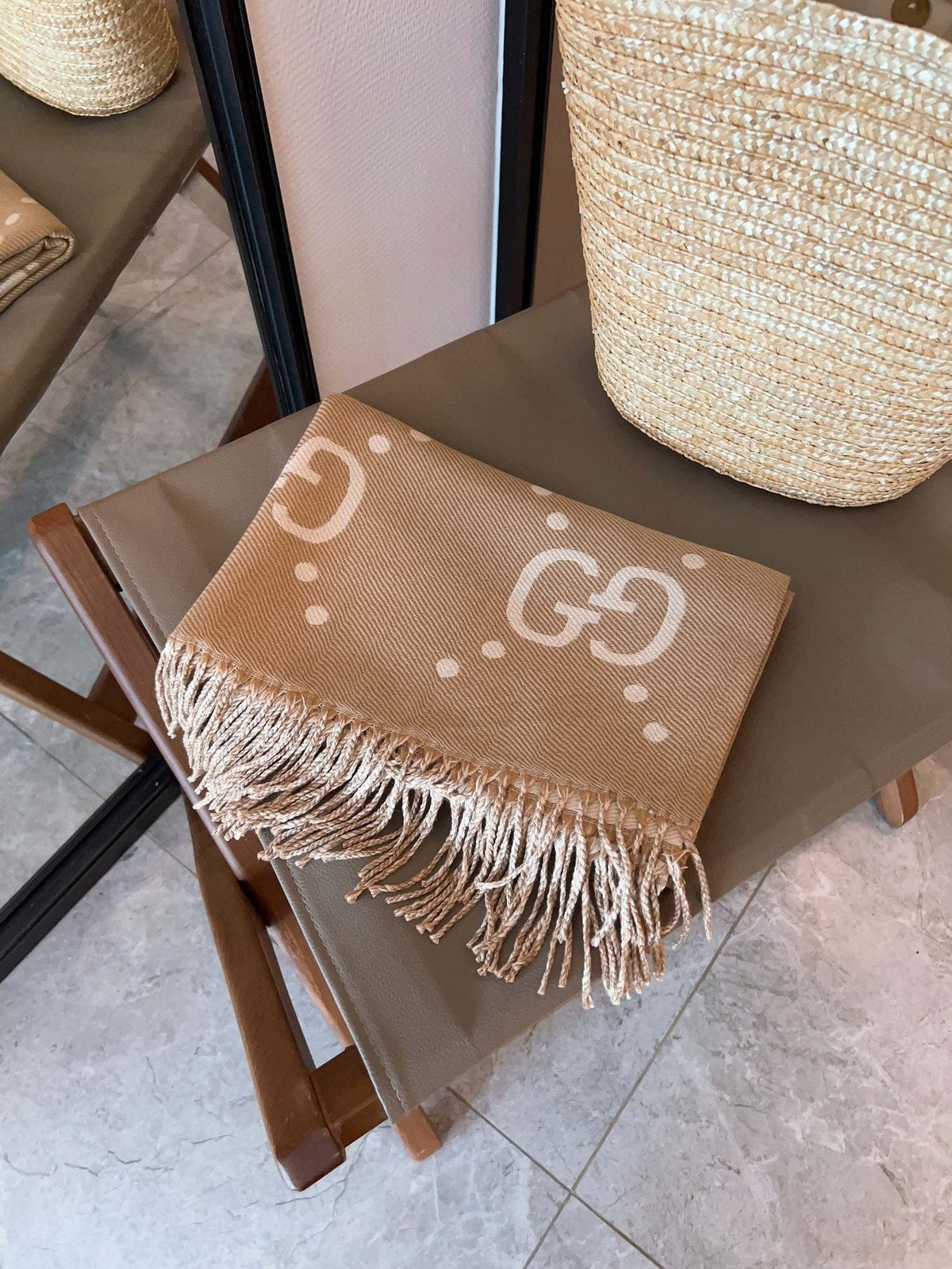Gucci Tan Cream Motif Fringed Scarf