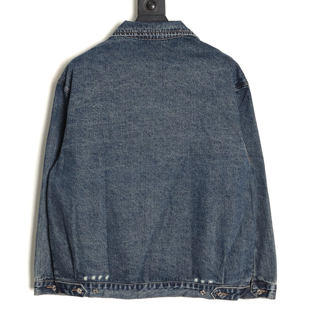 Prada Triangle-Logo Washed Zip-Up Denim Jacket - Dark Blue